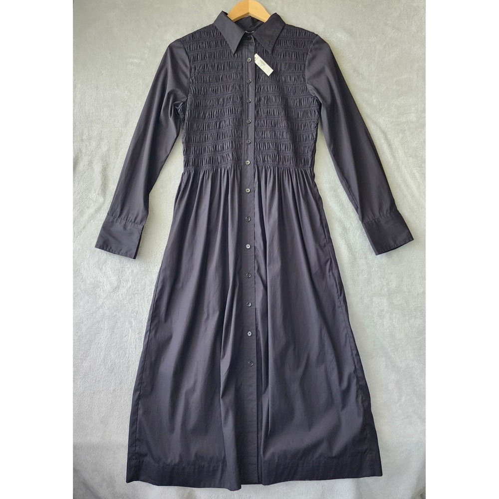 Madewell Dress Size Small Smocked Black Cotton Pockets Buttons Shirtdress NWT